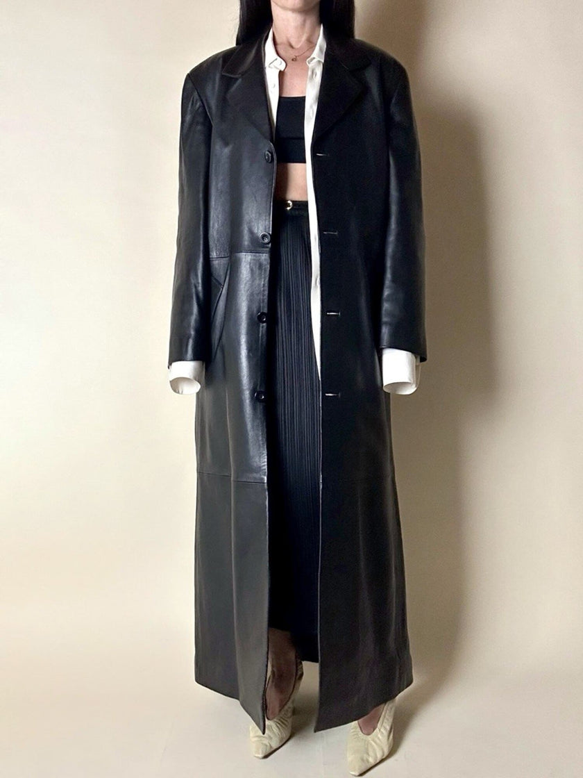 Maxi cappotto vintage in pelle nera Real Leather con fodera matelassé