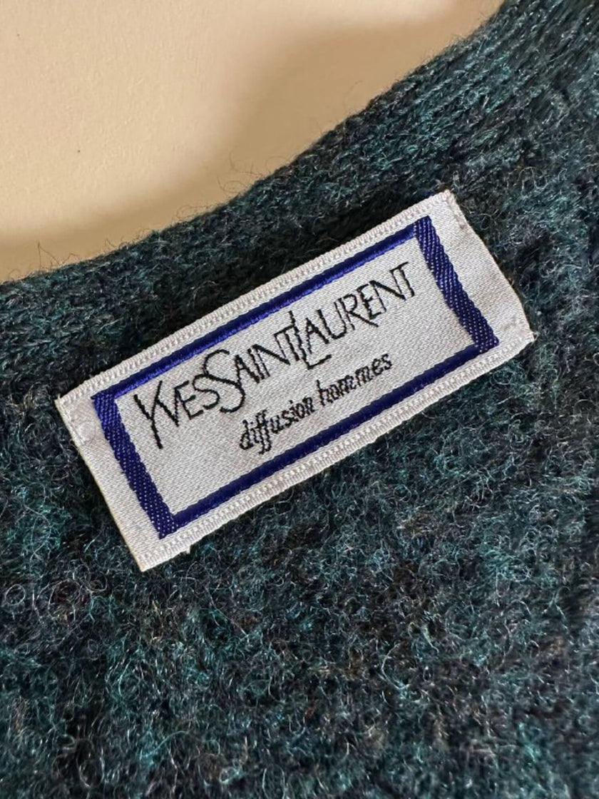 Cardigan Yves Saint Laurent in lana verde inglese con bottoni berlebeck