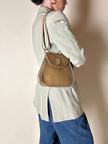 Borsa Yves Saint Laurent in tessuto plastificato millerighe color cammello con riporti in pelle argilla