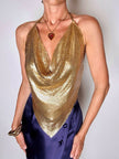 Top vintage a fazzoletto in maglia metallica dorata con lacci in pelle laminata oro