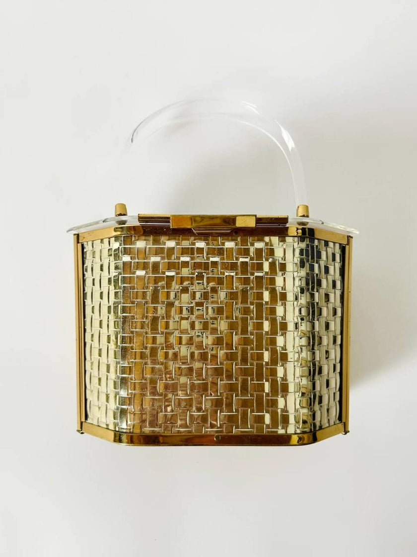 Box Bag vintage in lucite e metallo dorato effetto intrecciato