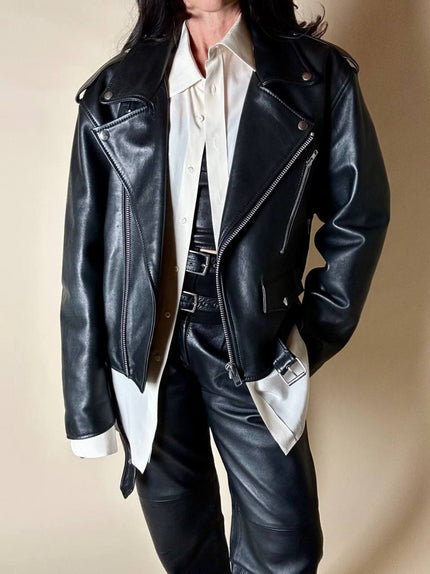 Giacca biker vintage in pregiata pelle nera con fodera trapuntata