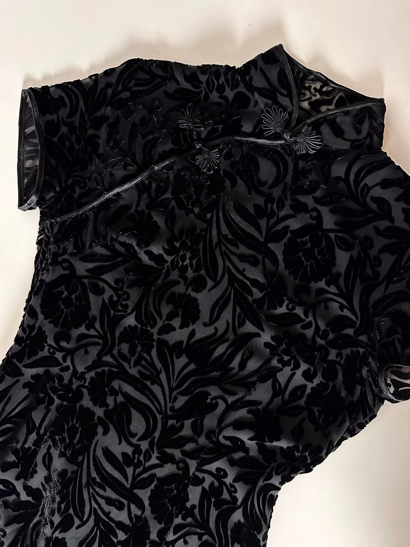 Abito qipao vintage in velluto di seta dévoré con alamari