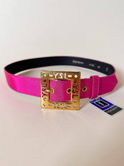 Cintura in gros grain fucsia con fibbia logata color oro “Yves Saint Laurent”