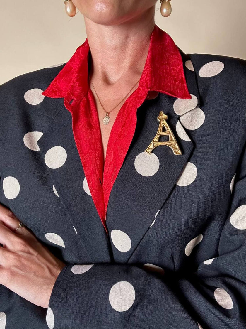 Blazer in seta nera a grandi pois color panna “Genny”