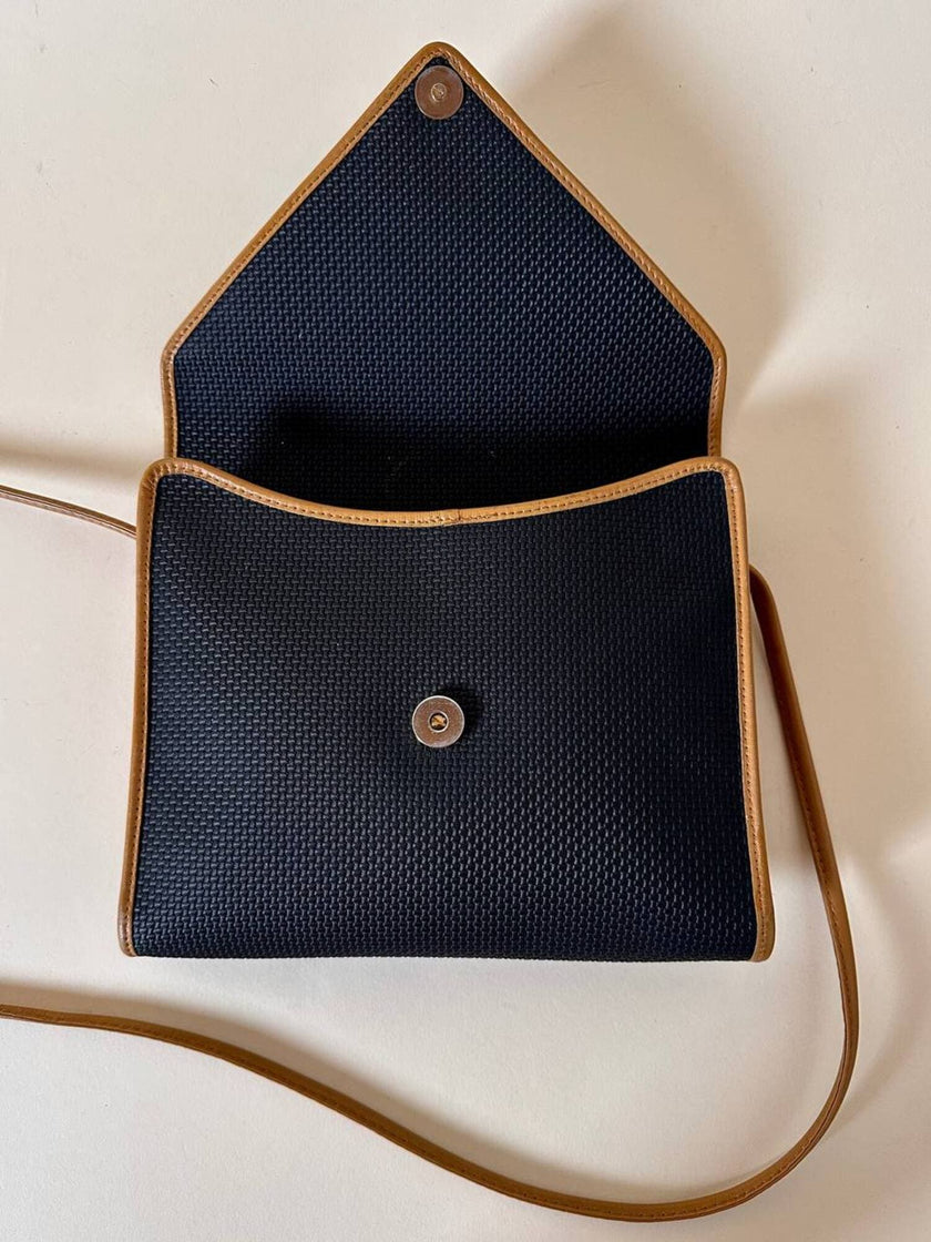 Borsa bandoulière Yves Saint Laurent in tessuto tramato nero con dettagli in pelle cuoio