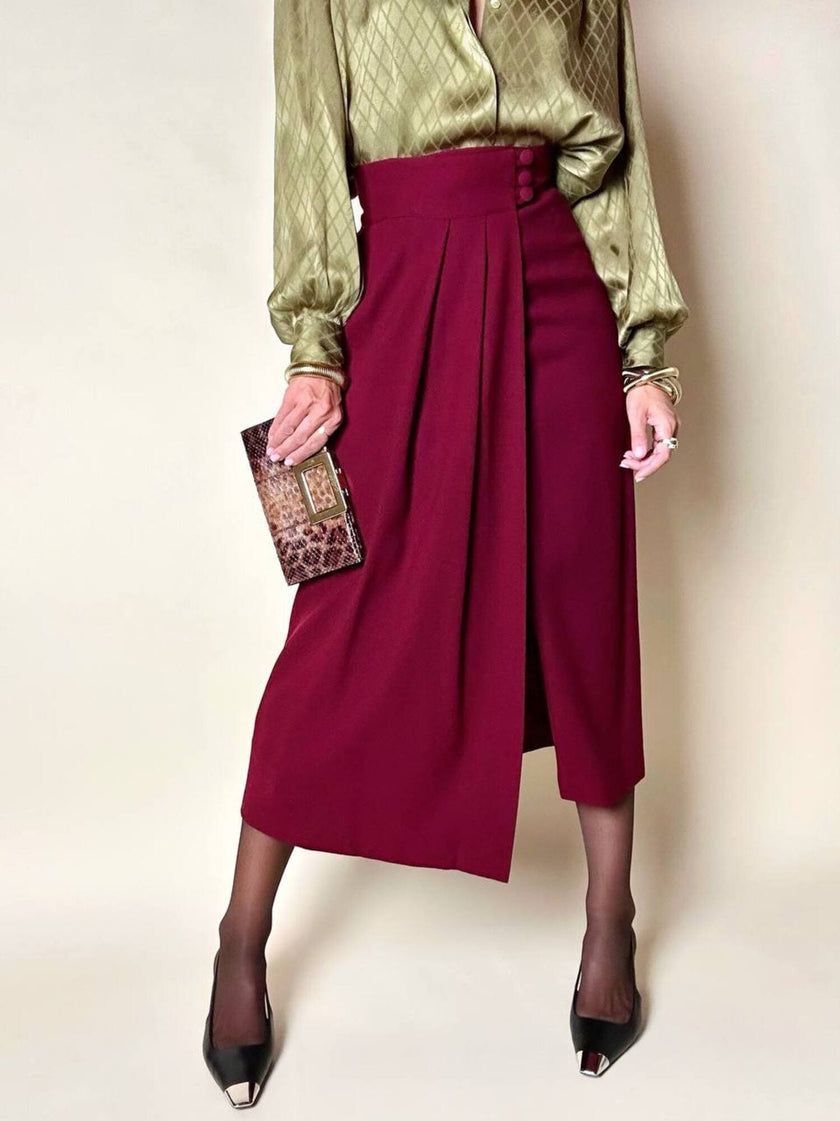 Cacharel burgundy crepe wrap-effect midi skirt