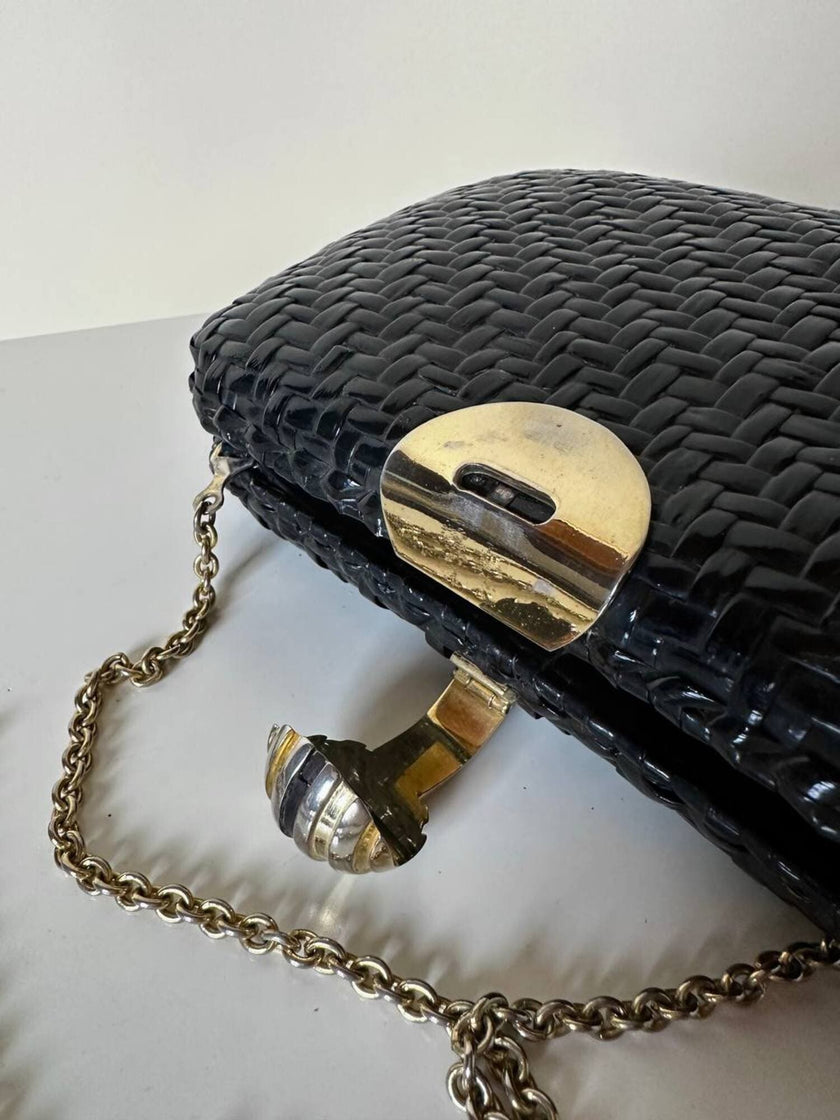 Borsa vintage Rodo in midollino nero con tracolla a catena oro