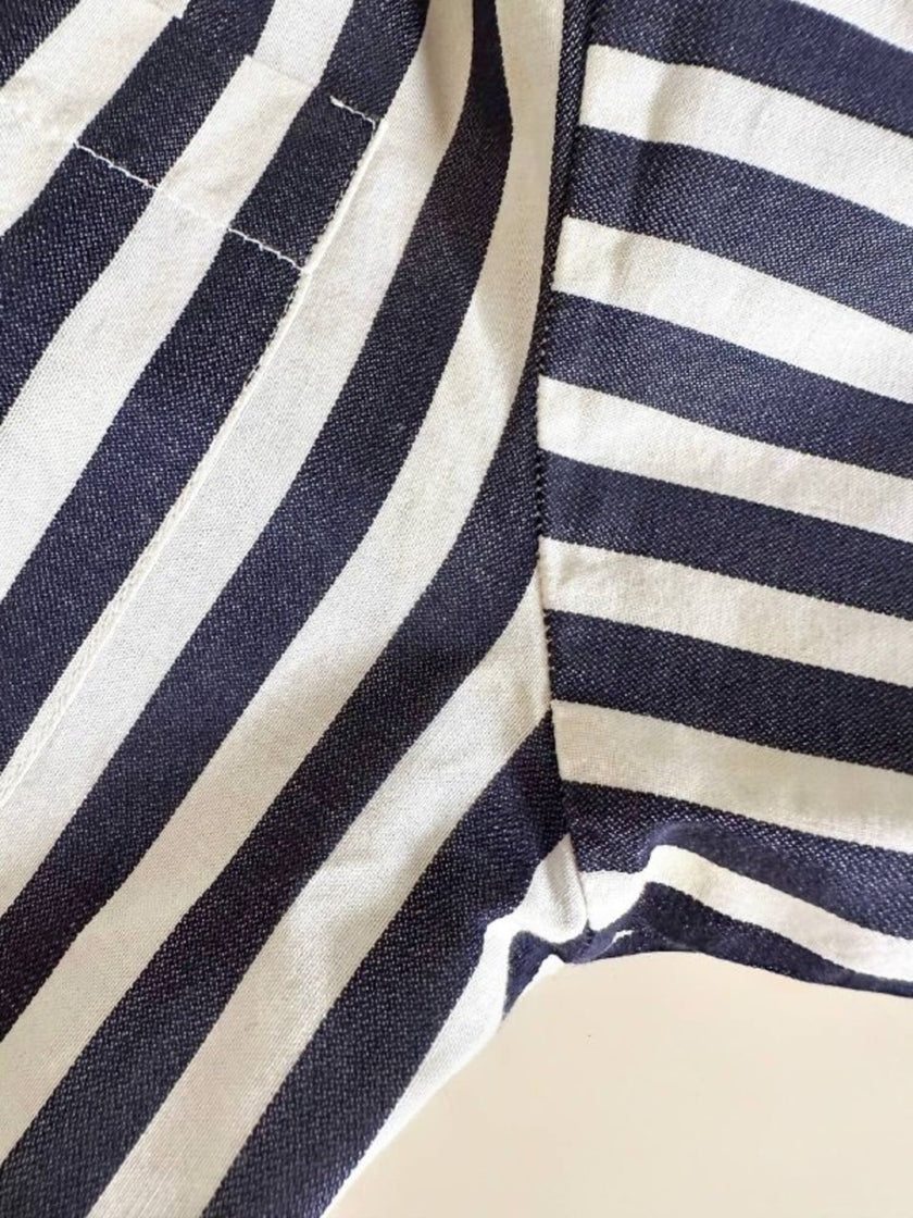 Moschino blue and white striped wrap blouse with embroidered peace symbol