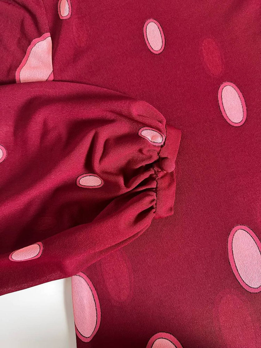 Maxi abito vintage Gottex in cpêpe amarena con maxi pois irregolari rosa