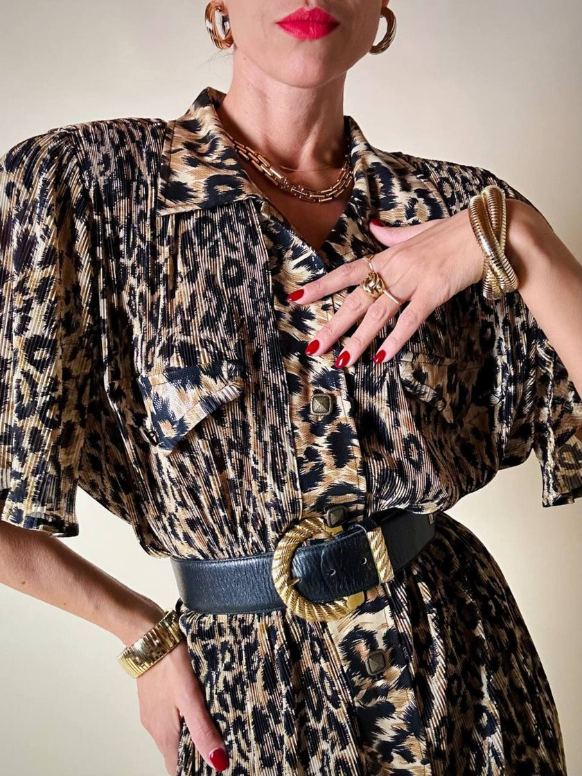 Chemisier vintage leopardato in tessuto micro plissé Henriette