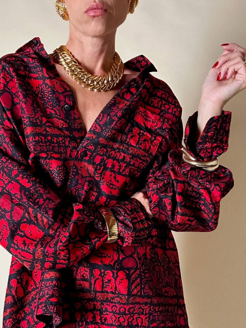 Camicia rossa e nera fantasia etnica in seta thai