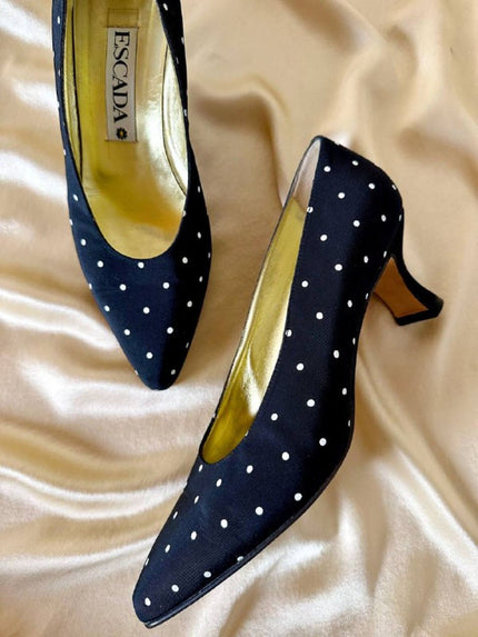 Décolleté in tessuto nero a pois bianchi “Escada”