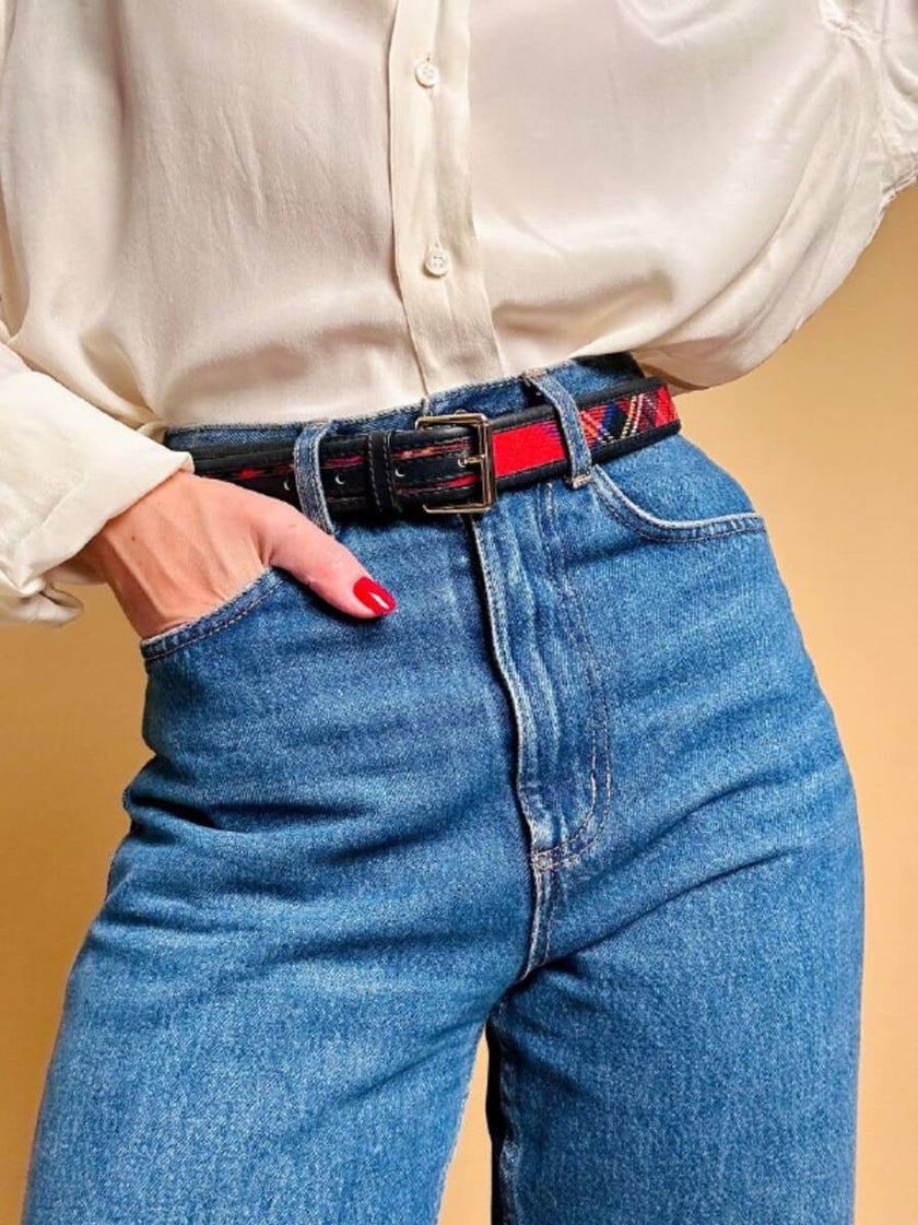 Cintura in lana tartan con profili in pelle blu “Daniel’s Club”