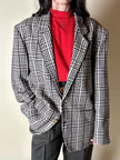 Blazer oversize in lana check beige e marrone con fodera fantasia uccellini