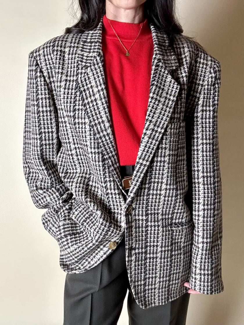Blazer oversize in lana check beige e marrone con fodera fantasia uccellini