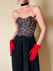 Bustier in paillettes multicolor e pizzo nero