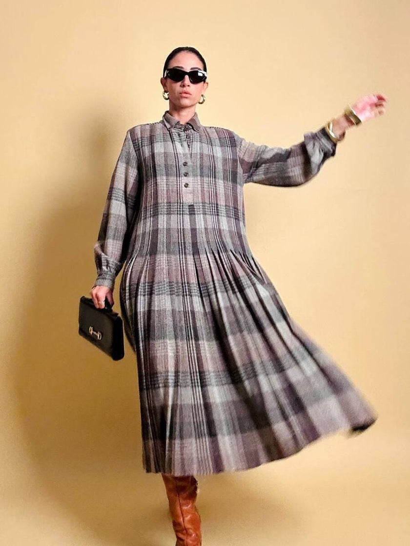 Maxi abito plissé in lana flanellata fantasia check
