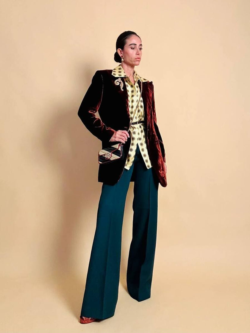 Pantalone a palazzo in gabardine di lana verde bottiglia