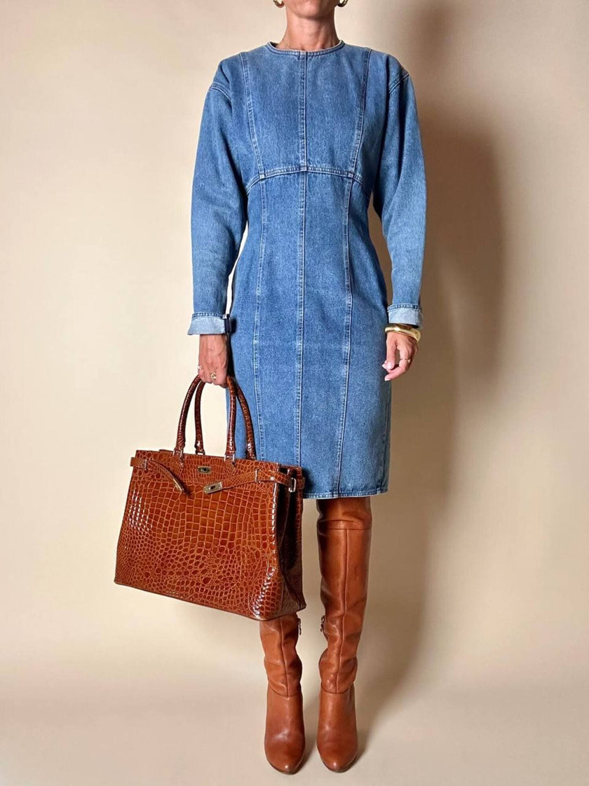 Maxi borsa in pelle stampa coccodrillo color cuoio