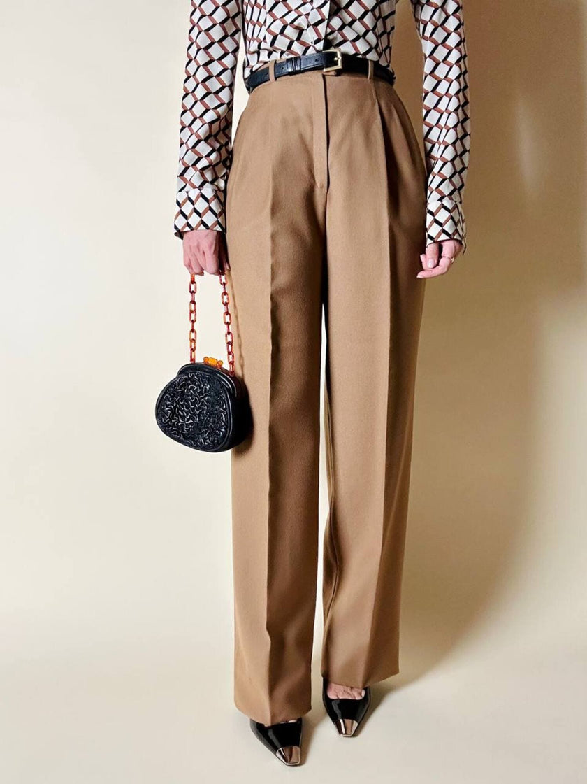 Pantalone Christian Dior vintage modello classico con pince in lana cammello scuro