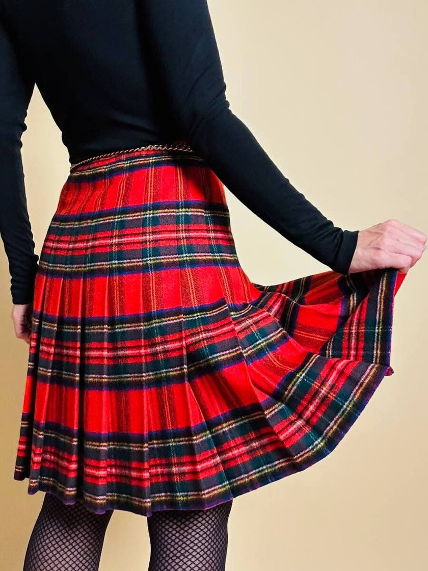 Minigonna a pieghe in lana e cachemire fantasia tartan