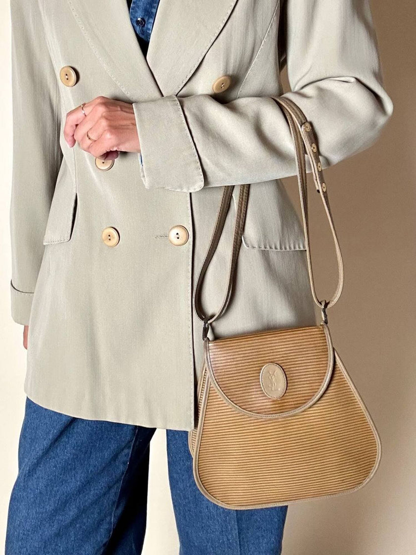 Borsa Yves Saint Laurent in tessuto plastificato millerighe color cammello con riporti in pelle argilla