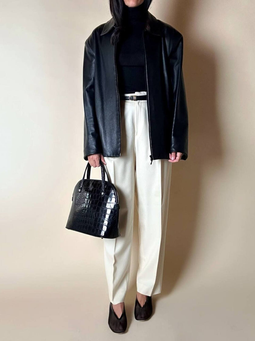 Giacca vintage in pelle nera con zip Michael Hoban North Beach Leather