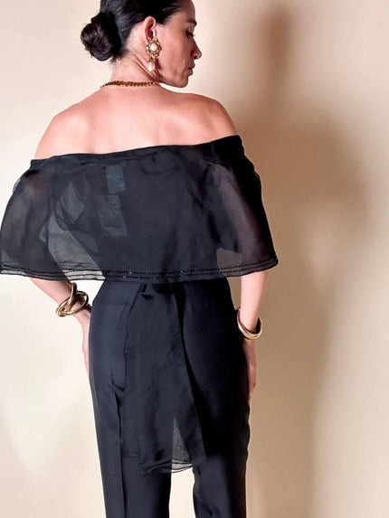 Top incrociato in organza nera con ricamo in perline “Per Te By Krizia”