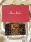 Vintage Roger Vivier leopard-print python clutch with a distinctive rectangular gold-tone metal clasp