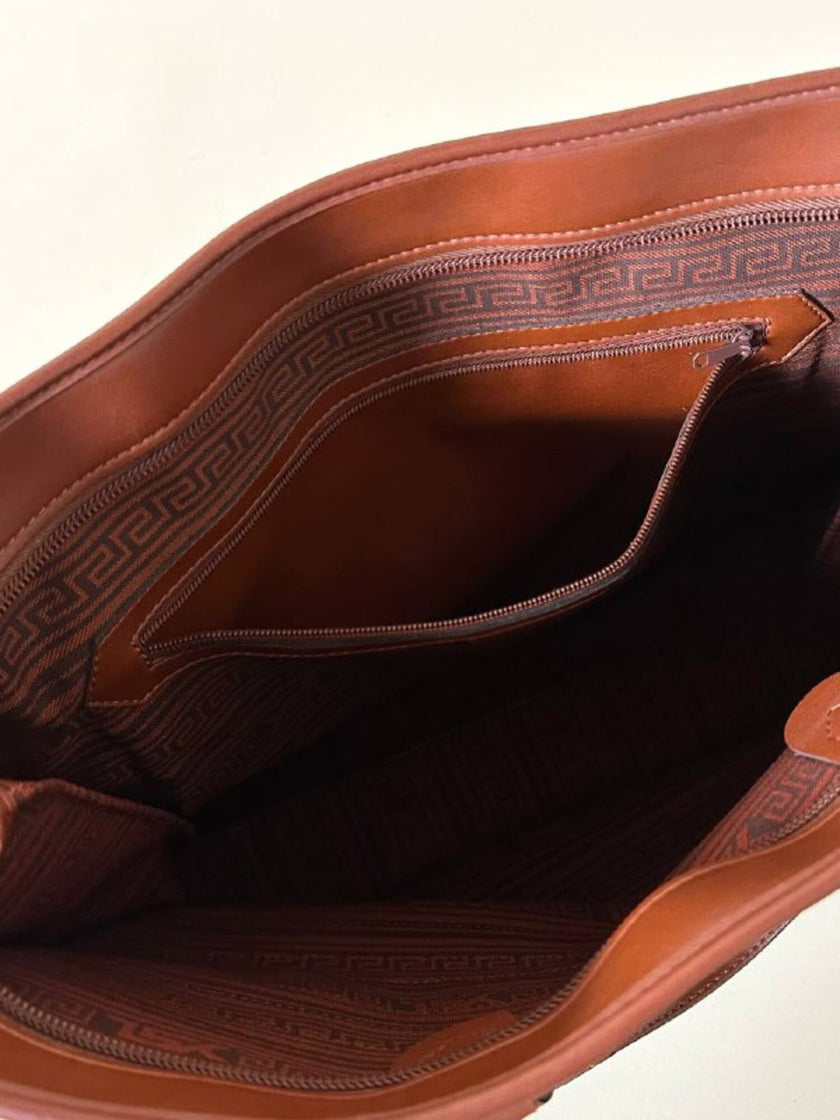 Borsa Yves Saint Laurent in canvas beige con profili color cuoio e motivo greca con logo