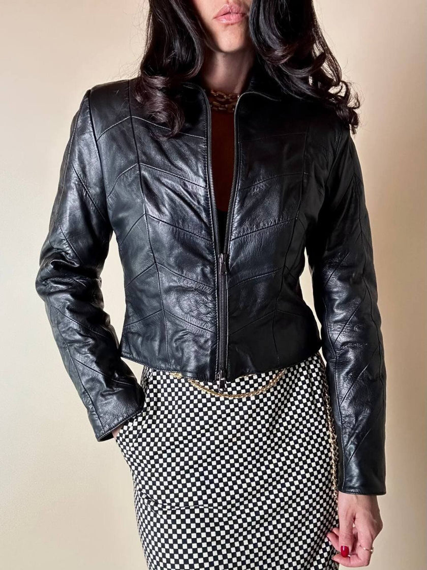 Schwarze Lederjacke in Ton-in-Ton-Patchwork-Verarbeitung „Ilaria F.“