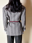 Blazer oversize in lana check beige e marrone con fodera fantasia uccellini