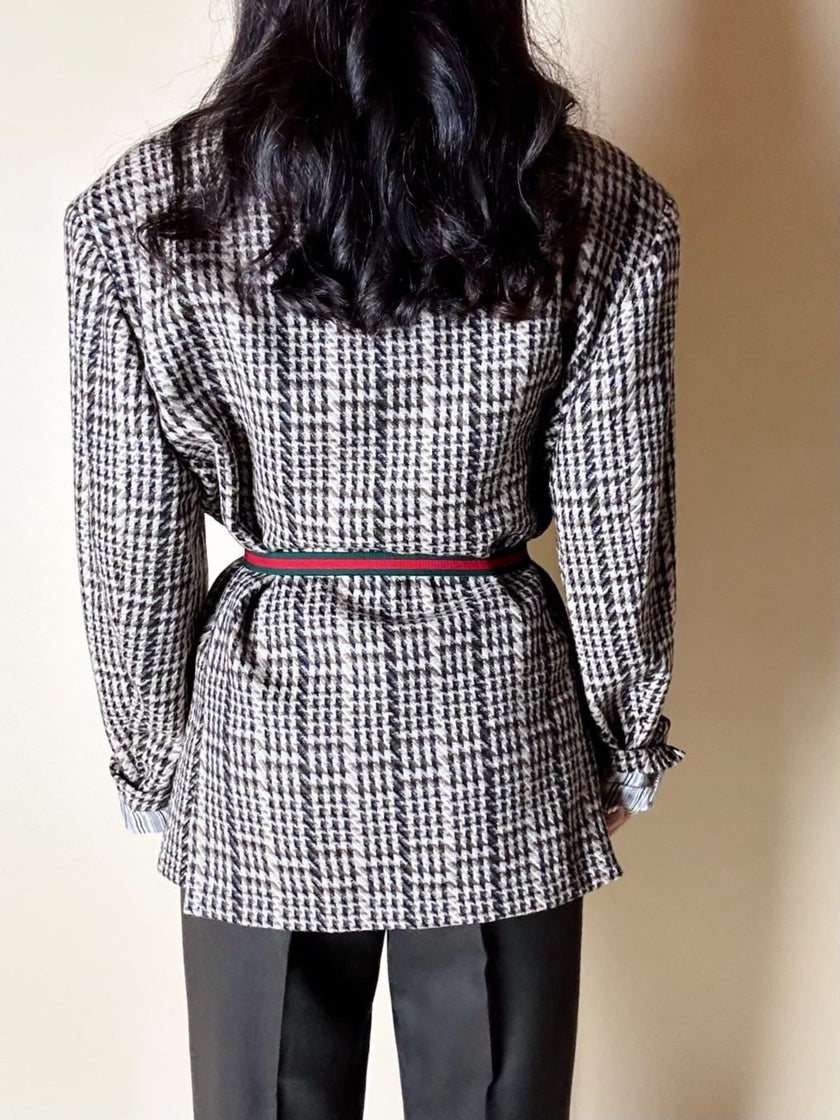 Blazer oversize in lana check beige e marrone con fodera fantasia uccellini