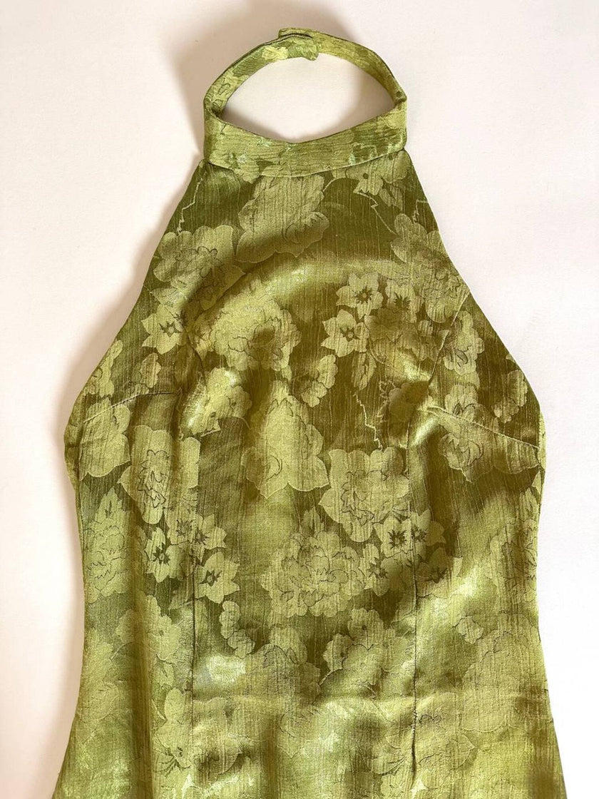 Abito vintage sartoriale con scollo all’americana in seta jacquard verde acido fantasia floreale