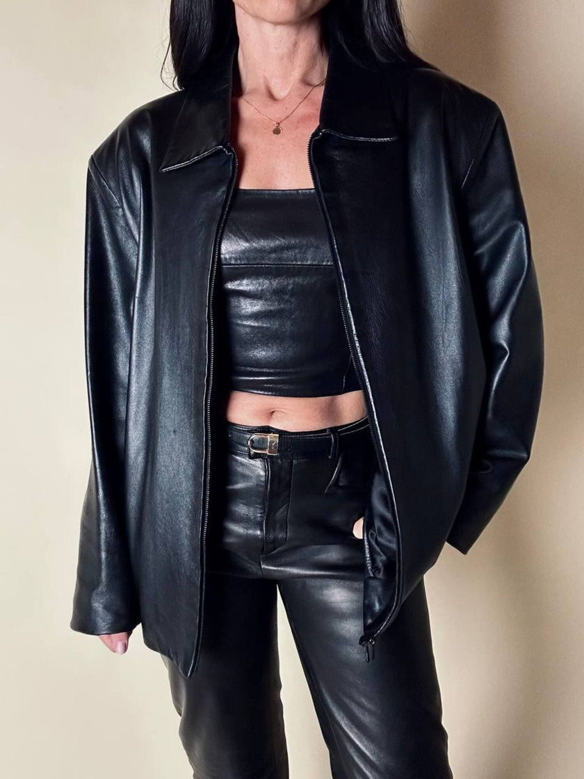 Giacca vintage in pelle nera con zip Michael Hoban North Beach Leather