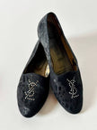 Ballerine slipper Yves Saint Laurent jacquard in tela nera animalier con monogramma YSL in strass