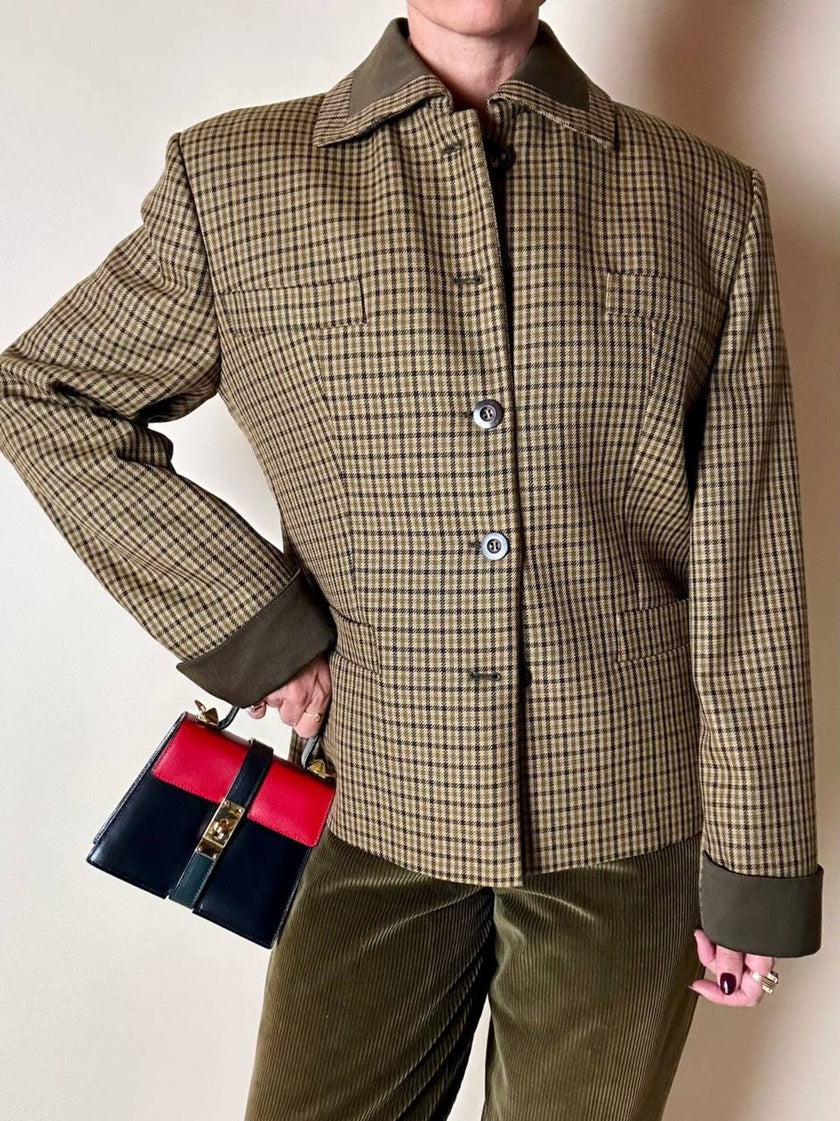 Blazer Byblos in rasato di lana pied de poule beige e verde con riporti verde oliva