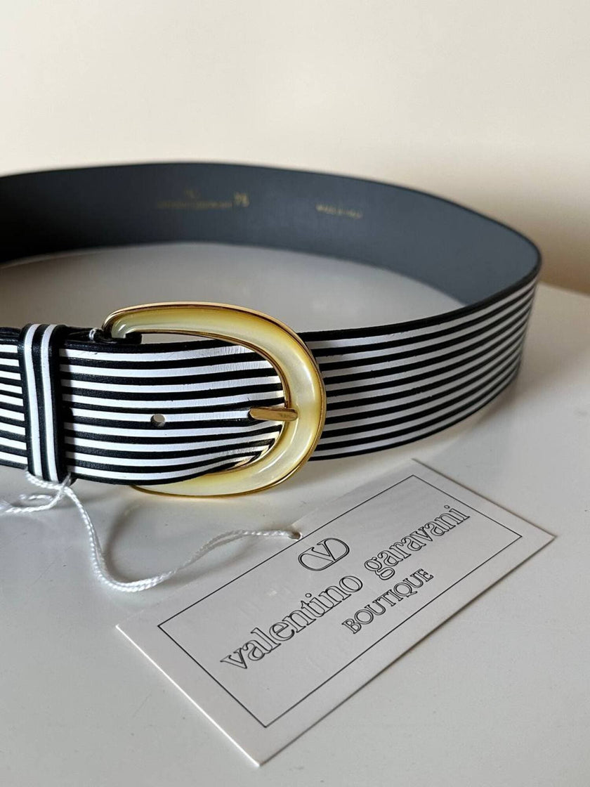 Vintage Valentino Garavani black and white striped belt with metal and resin hardware