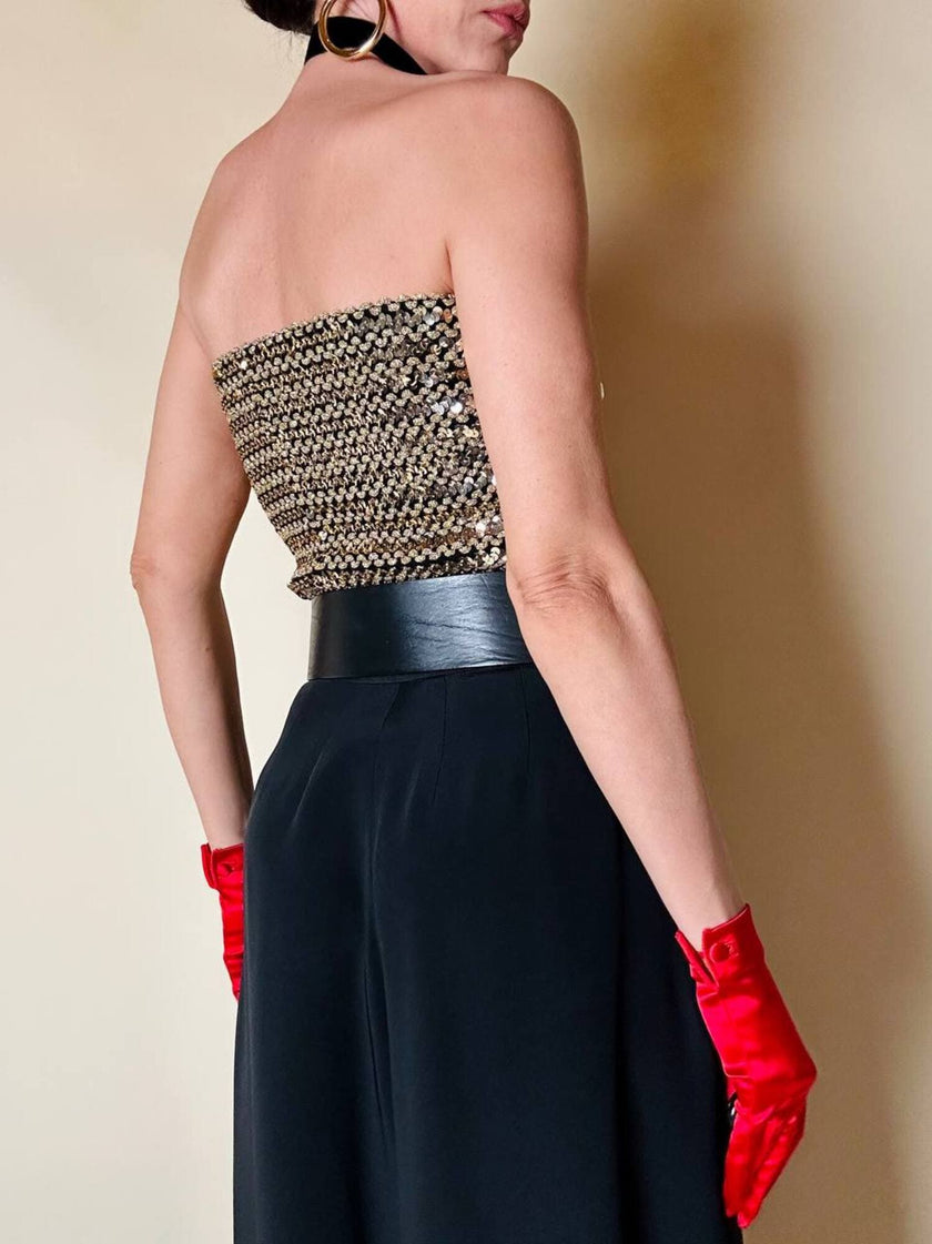 Top a fascia elasticizzato ricamato in paillettes e lurex oro