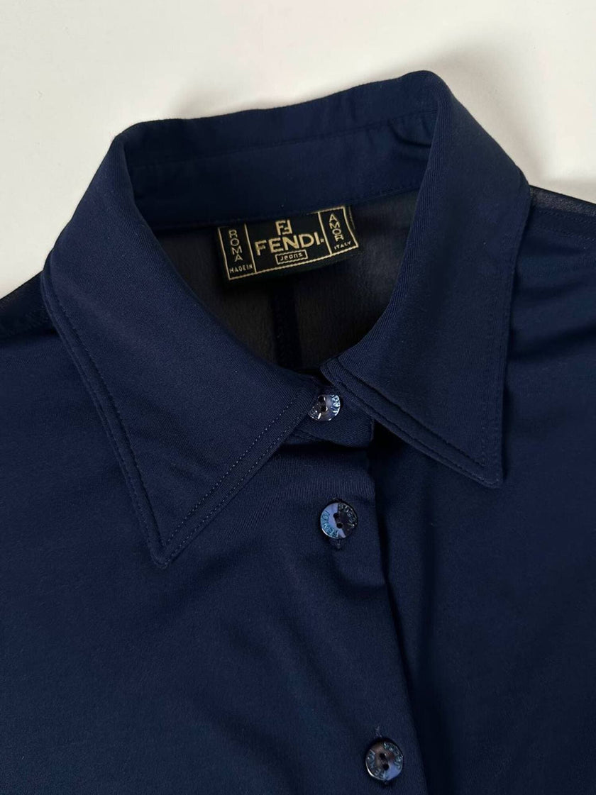 Camicia vintage Fendi Jeans blu navy con dettagli in crepe chiffon e bottoni in madreperla