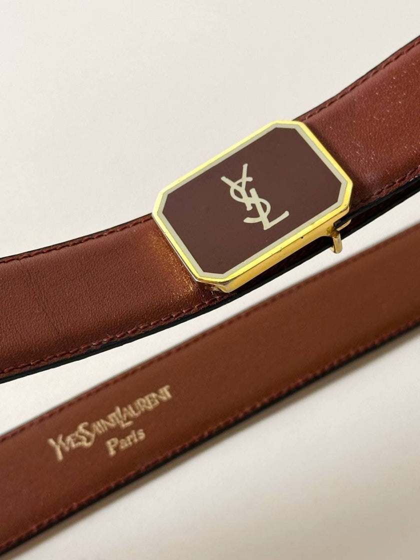 Vintage Yves Saint Laurent tan leather belt with an octagonal enamel buckle and YSL logo