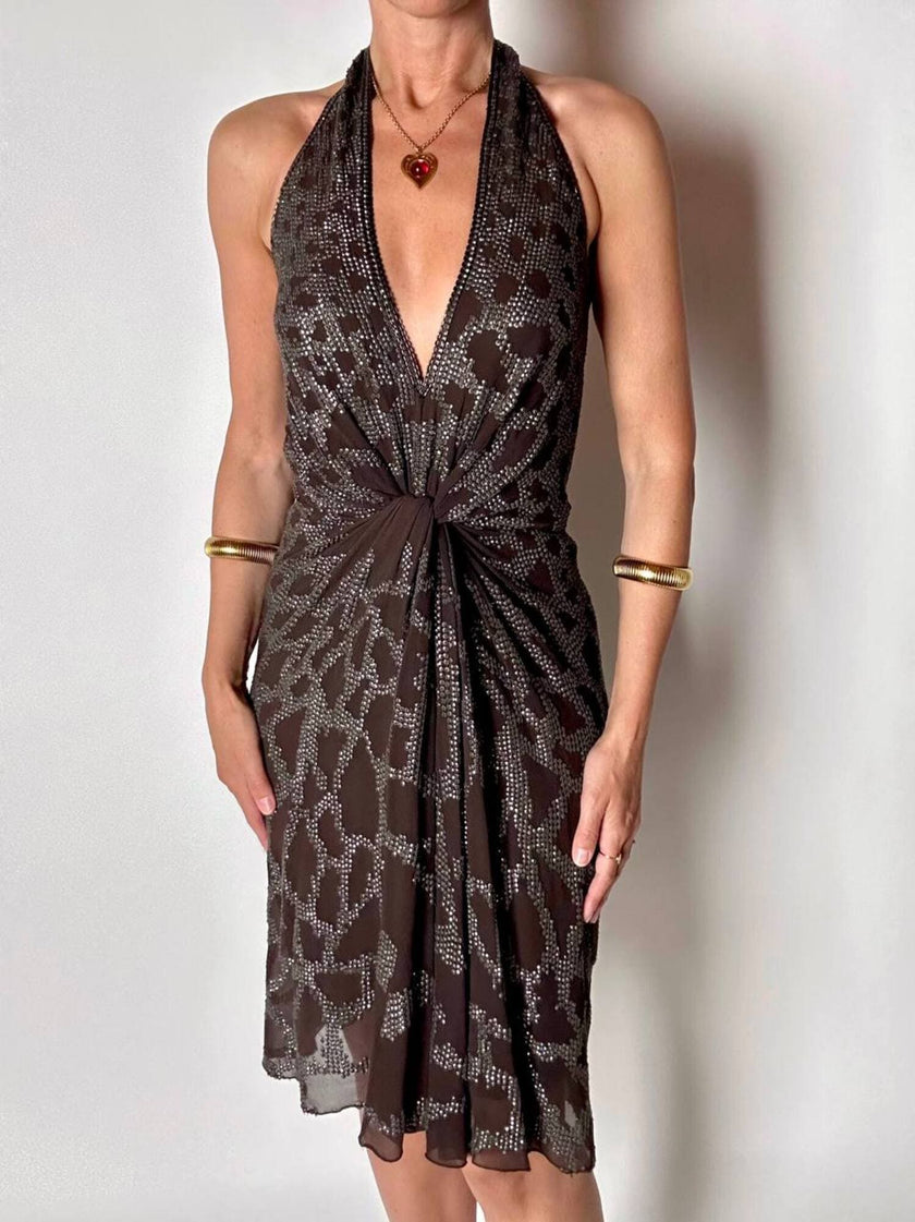 Abito vintage Roberto Cavalli in crêpe di seta marrone con ricamo in paillettes bronzo