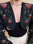 Bolero sartoriale in cotone nero con rose rosse ricamate in perline