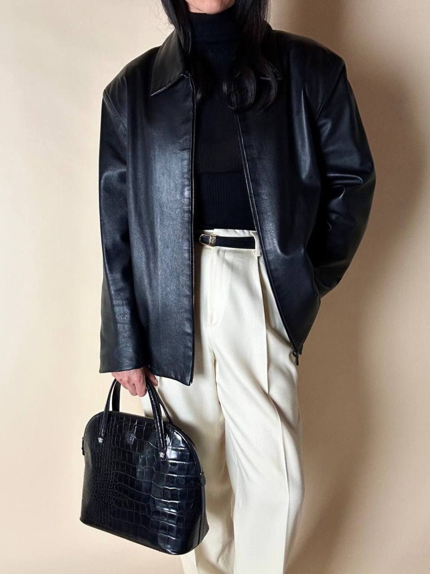 Giacca vintage in pelle nera con zip Michael Hoban North Beach Leather