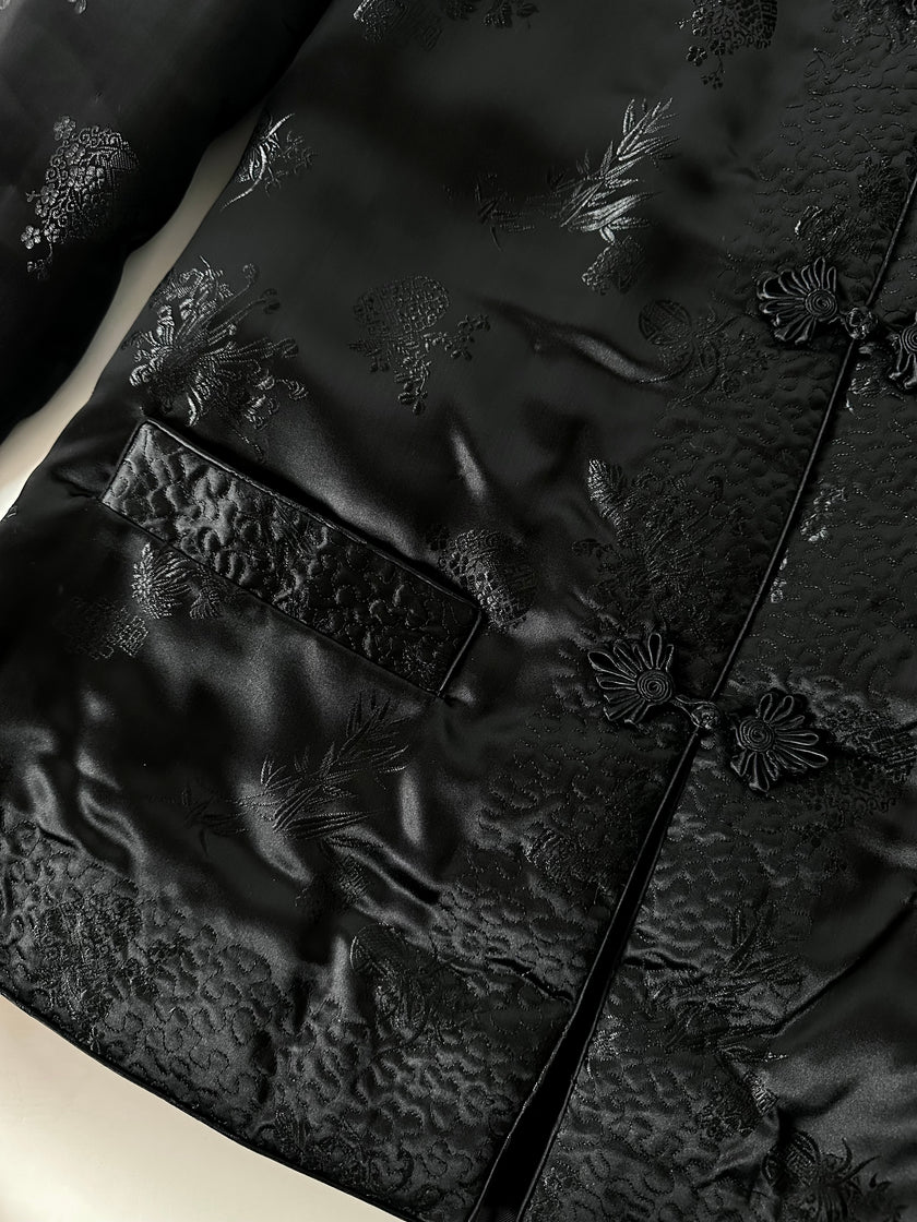 Giacca vintage tradizionale cinese in raso jacquard nero con alamari