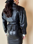 Biker vintage in pelle nera con cintura in vita e fodera couture