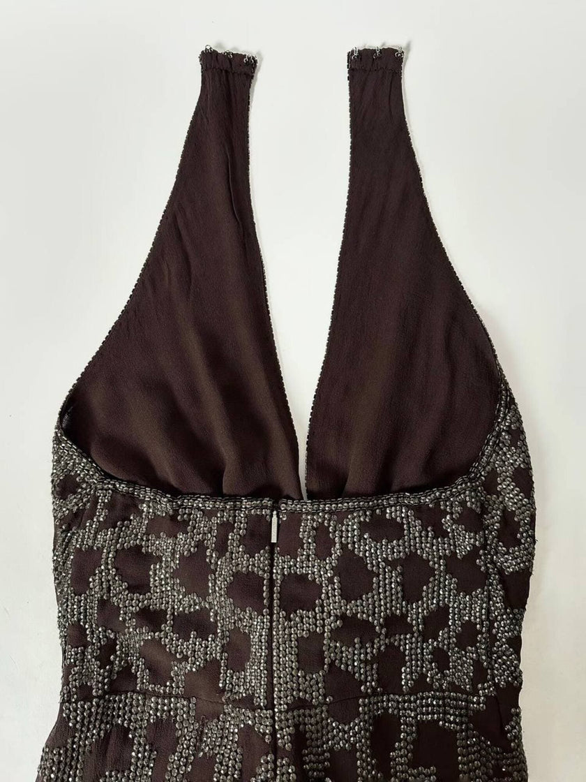 Abito vintage Roberto Cavalli in crêpe di seta marrone con ricamo in paillettes bronzo
