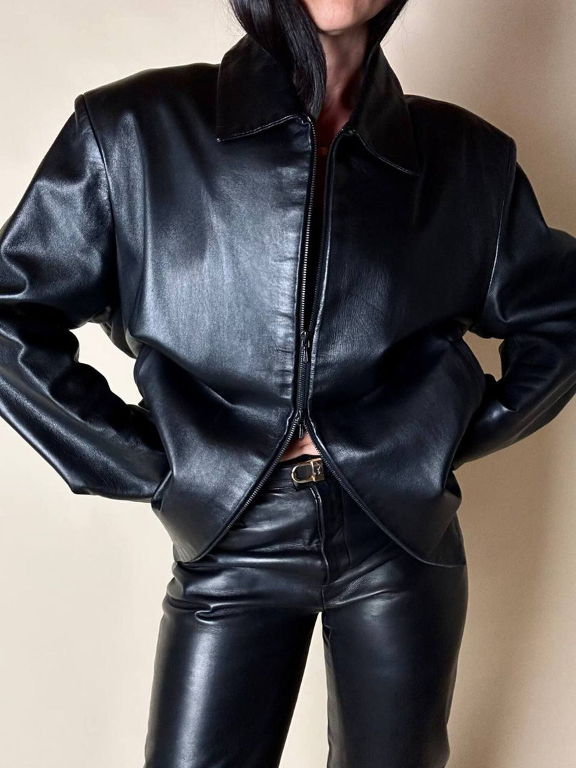 Giacca vintage in pelle nera con zip Michael Hoban North Beach Leather
