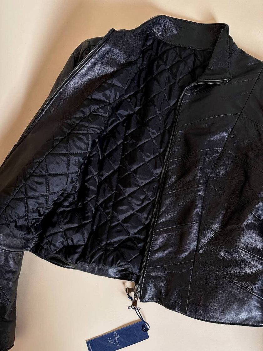 Schwarze Lederjacke in Ton-in-Ton-Patchwork-Verarbeitung „Ilaria F.“